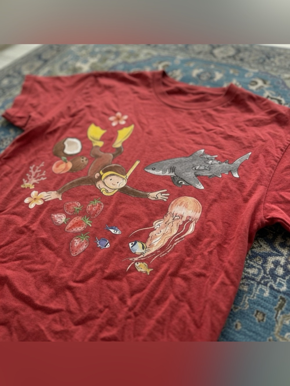 Red Graphic Tee with Diver and Sea Life Print